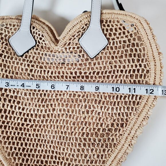 Poolside Women’s Tote Large Beige Raffia Leather Heart Shoulder Crossbody Bag - Picture 4 of 8